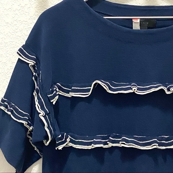 J. Crew Tiered Ruffle Boatneck Sweater- Navy & Ivory- Size Medium - Picture 6 of 13